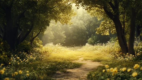 Sunlit Forest Path Through Wildflower Meadow.