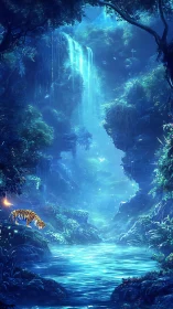 Moonlit jungle river hums while a curious tiger drinks