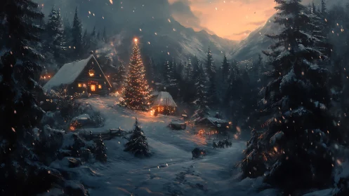 Snowy mountain village with glowing Christmas tree at dusk.