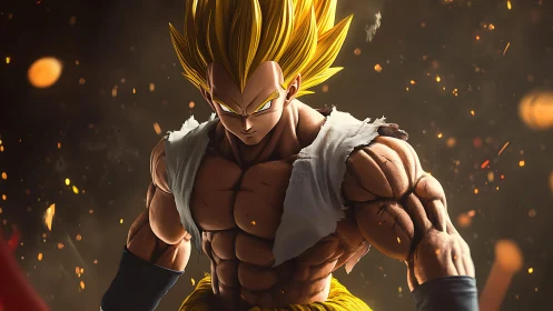 Fiery warrior stands tall in a storm of drifting embers.