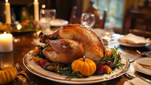Roast turkey centerpiece on autumn holiday dinner table.