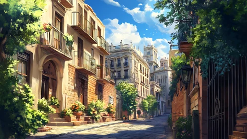 Sunlit Mediterranean street frames warm stone facades.