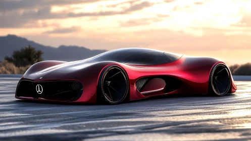 Low-slung red electric hypercar concept on reflective desert salt flat