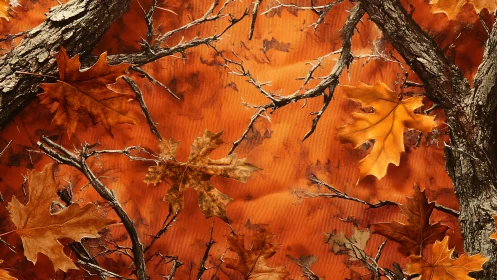 Autumn oak leaves layered over textured orange ground.