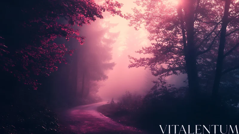 Misty Forest Path with Ethereal Pink Luminescence. Digital Dawn.