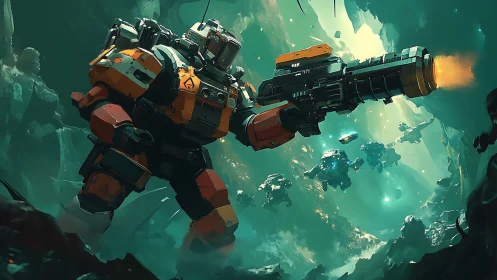 Sturdy space miner strides through glowing cosmic caverns.