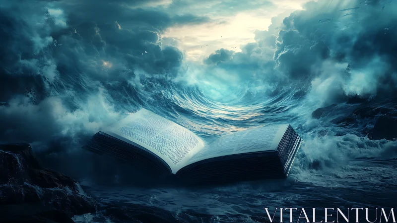 Surreal digital seascape with monumental open book centerpiece.