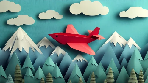 Paper-style red aircraft flies over layered low-poly mountain range