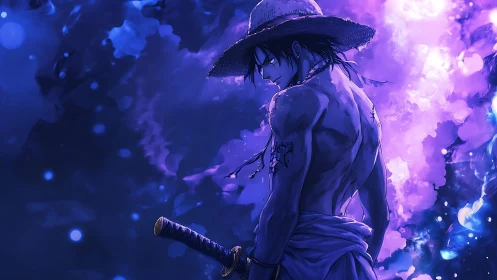 Stormlit swordsman tilts into violet embers of memory