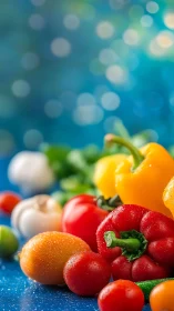 Mixed fresh vegetables on blue surface with bokeh background.