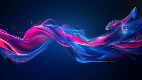 Neon light ribbons swirl across deep blue digital void.