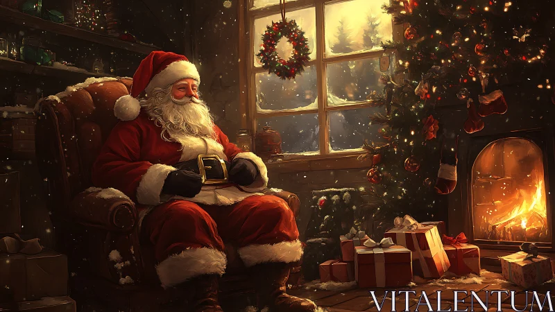 Cozy Santa resting by the fire in a glowing Christmas room.