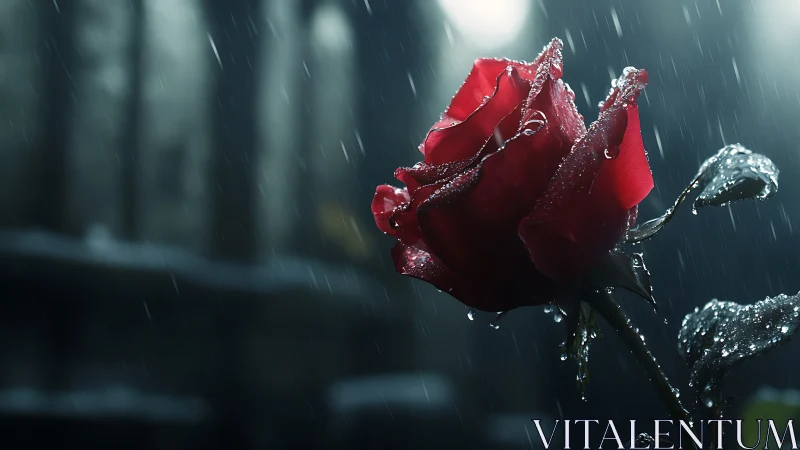 Red rose in cinematic rainstorm rendered with dramatic bokeh