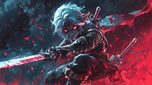 Shadowlit elf warrior leaps forward with blazing red blade