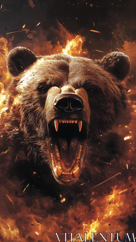 Photorealistic roaring bear portrait with infernal firefield.