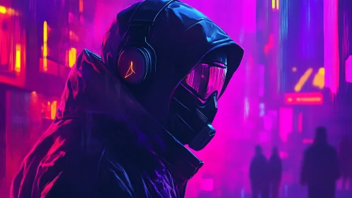 Neon hooded drifter stalks a cyber city of violet static.
