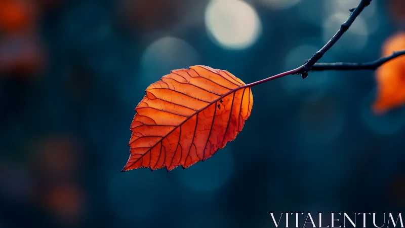 Single orange leaf on branch against dark blurred background.