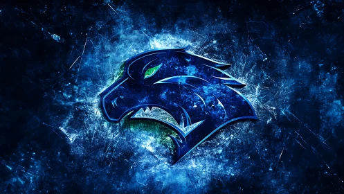 Electric blue wolf emblem over fractured icy void.