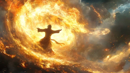 Digital painting of robed figure commanding apocalyptic firestorm.