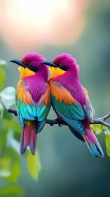 Colorful lovebirds sharing a quiet perch at sunset.