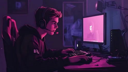 Neon-lit gamer carves focus from the glow of midnight screens