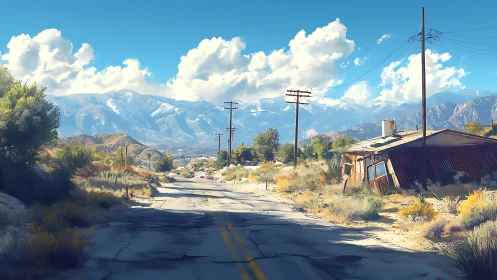 Sunlit desert road toward distant snowcapped mountains.