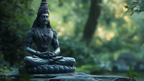 Stone statue of meditating figure in forest clearing.