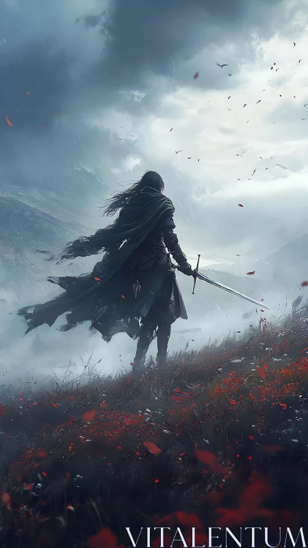 Solitary cloaked warrior pauses on a windswept crimson hill