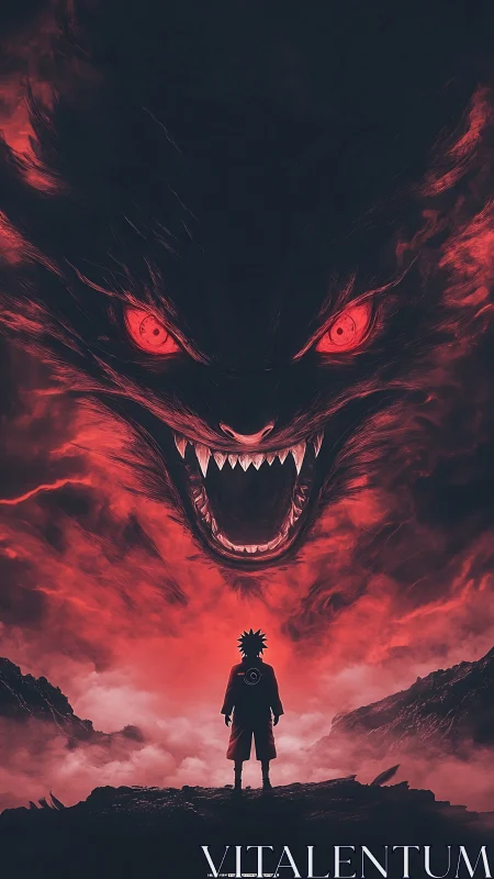 Silhouetted ninja confronts colossal red demon in stormy sky.