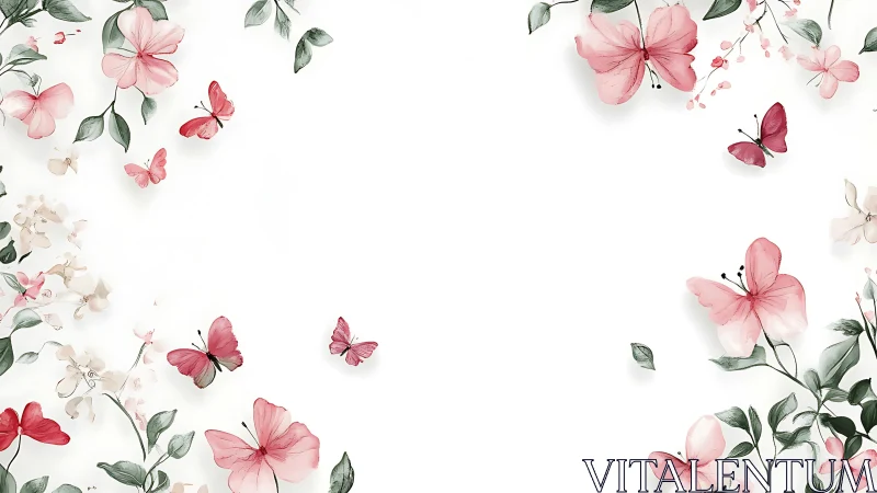 Soft pink butterflies and flowers on white background.