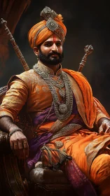 Sunlit maratha monarch glows in saffron regalia and steel calm