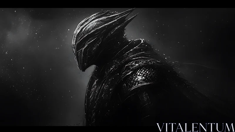 Shadowed armored wraith emerges from swirling cosmic dusk