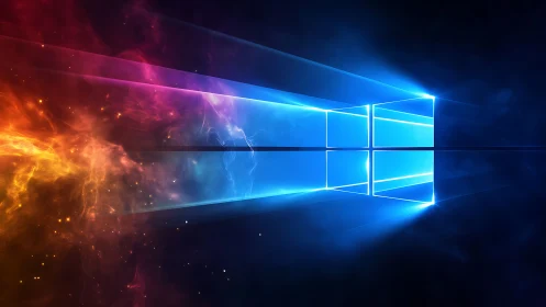 Windows-style luminous window logo with nebula backdrop.