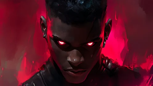 Red-eyed warrior stands in intense neon crimson light