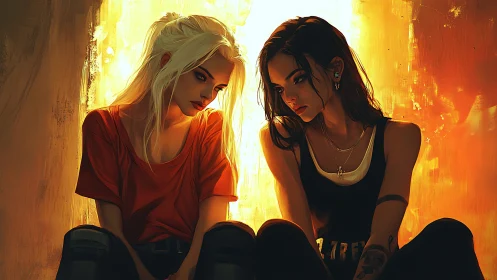 Moody urban duo in fiery backlight, contemplative silence.