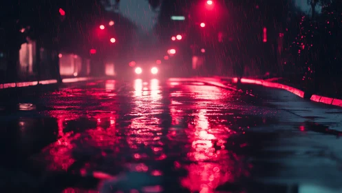 Neon rain paints a quiet city street in soft red light