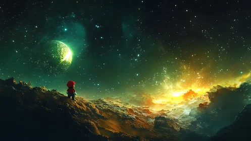 Small figure observes illuminated planet from rocky terrain