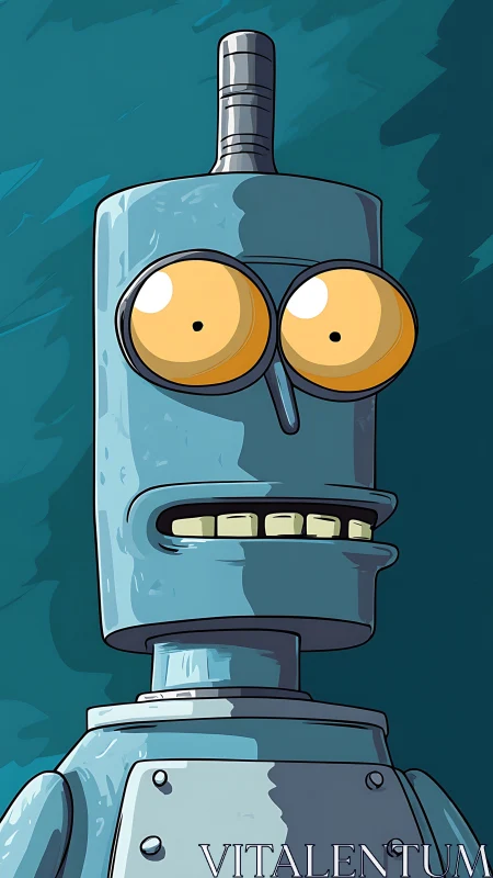 Cylindrical cartoon robot bust with exaggerated eyes and cel shading