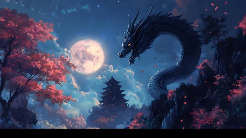 Lunar dragon over crimson forest and distant pagoda panorama.