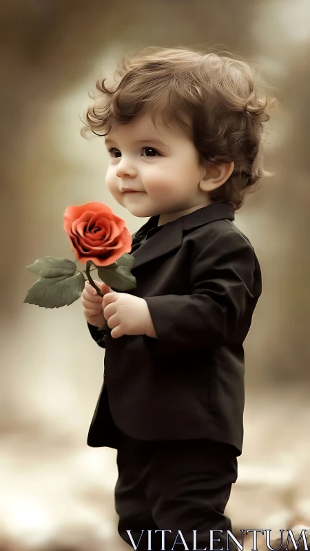 Young child in formal black suit holding red rose.