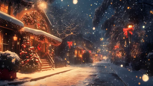 Snowlit Christmas lane hums softly with golden window fire