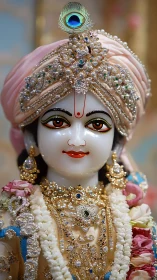 Ornate Krishna idol adorned with jewels and peacock plume.