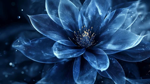 Blue luminous flower with radiant particles in dark space