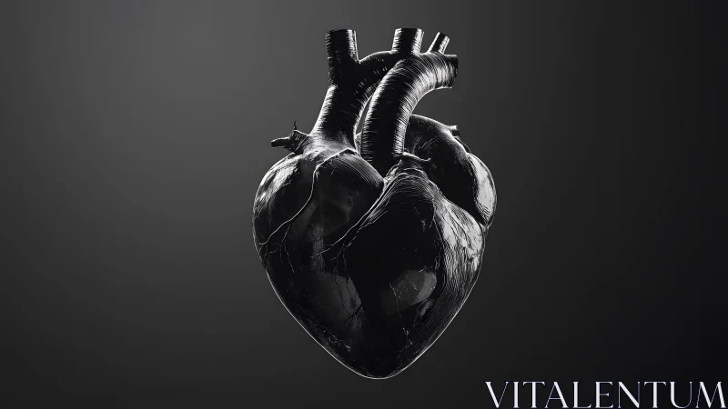 Black Anatomical Heart on Dark Background, Modern Digital Art. Black Anatomical Heart on Dark Background, Modern Digital Art.