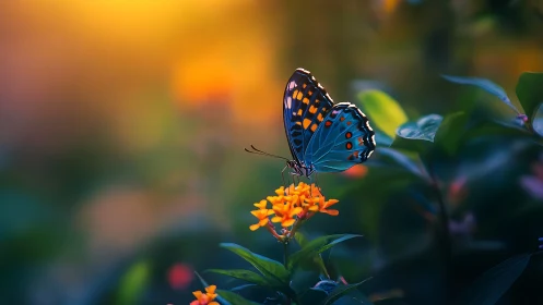 Iridescent butterfly rests on orange blossom in shallow focus