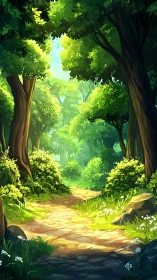 Sunlit Forest Path Through Dense Canopy.