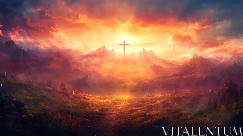 Sunrise path through misty mountains toward glowing cross.