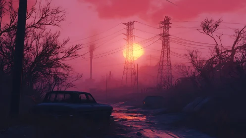 Postapocalyptic road cuts through crimson industrial dusk.