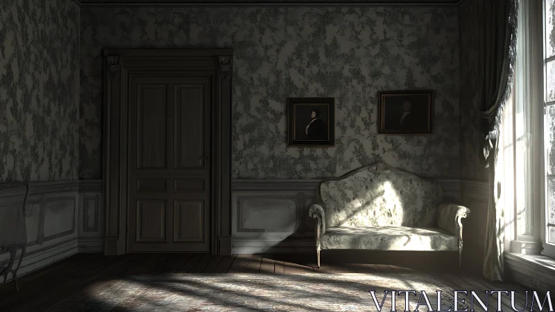 Sunlit vintage sofa stands in dim, ornate interior room