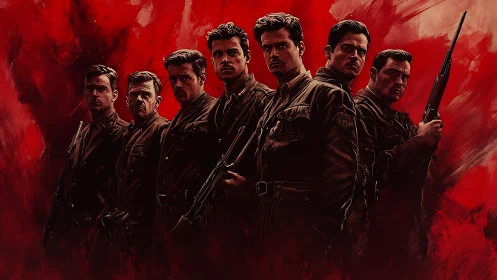 Seven soldiers stand against blood-red abstract battlefield
